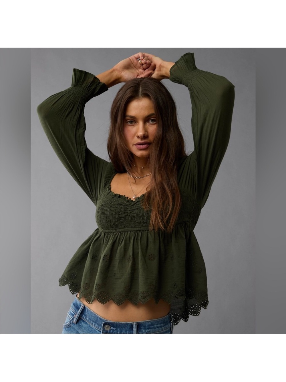 American Eagle Outfitters  Green Smocked Peplum Long-Sleeve Top